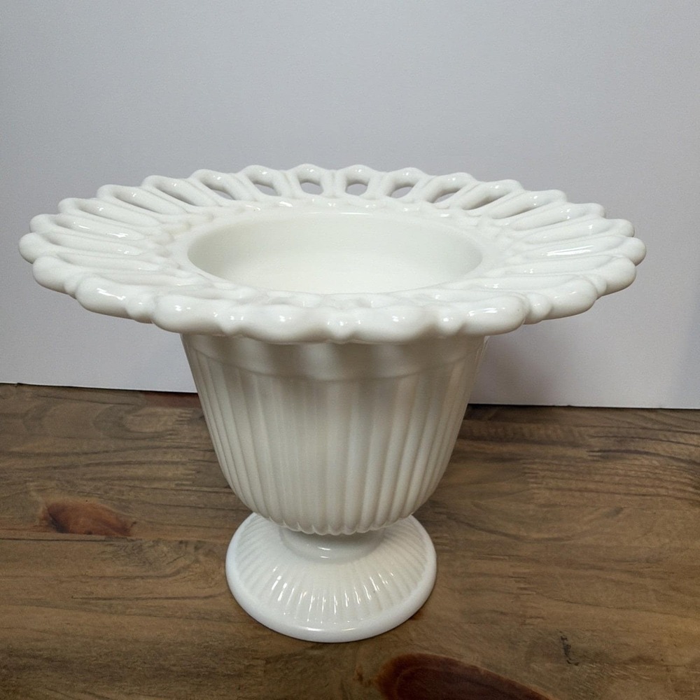 Vintage Milk Glass Pedestal Compote Vase Open Lace Rim Fluted Footed Bowl - Picture 7 of 8